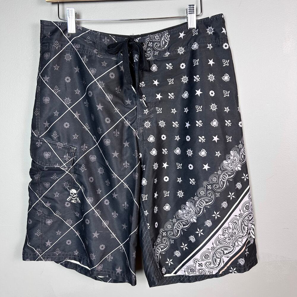 Vtg board shorts‎ skater skull Y2K Fleur de Lis bandanna O’Neill 32” Small black
